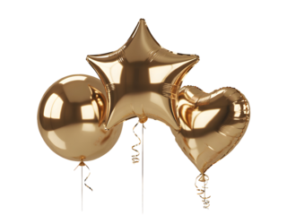 Group of shiny gold foil celebration balloons including a sphere star and heart shape isolated on black