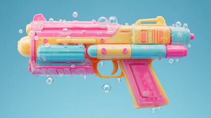 Pink, yellow, blue water gun surrounded by bubbles, against bright blue background