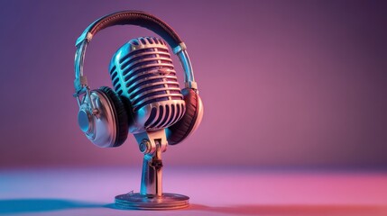 A close-up studio shot featuring an old-fashioned microphone with a pair of headphones. The scene is illuminated by purple and blue lighting