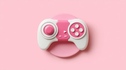 Pink&white game controller on circular pad, bright, simplistic design, pastel background