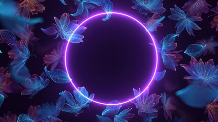 Abstract floral neon lights design with circular space for text