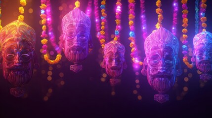 Abstract artwork of face sculptures with colorful string garlands dark background
