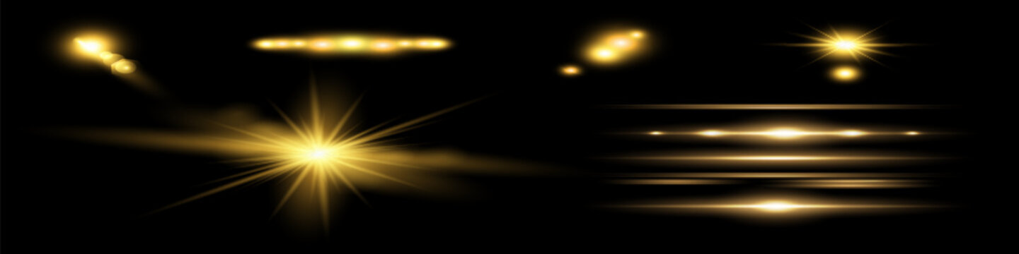 Glow isolated white transparent light effect set, lens flare, explosion, glitter, line, sun flash, spark and stars. Abstract special effect element design.