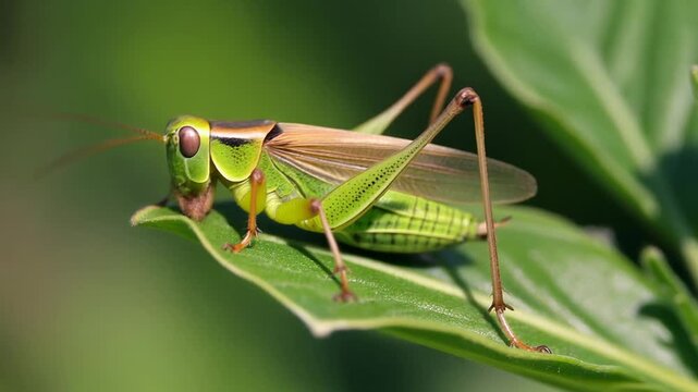A vibrant green grasshopper with brown wings rests on a lush green leaf in natural sunlight, showcasing its intricate details.
