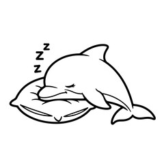 cute dolphin sleeping on pillow coloring page cartoon vector icon illustration	