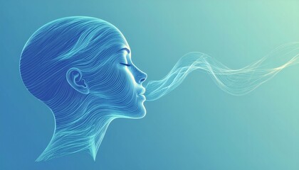 Digital illustration of a woman's head in profile with flowing lines emanating from her mouth, symbolizing mental health and wellness concepts against a soothing blue background with a