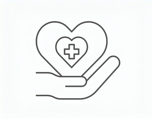 A minimalist line drawing of a hand cradling a heart with a medical cross inside, symbolizing mental and health care.