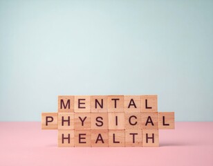 A stack of wooden blocks spelling out 'MENTAL PHYSICAL HEALTH' on a pink surface against a light blue background with a shallow depth of field.