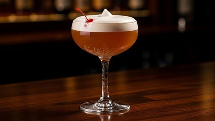 Cocktail with cherry on wooden bar.