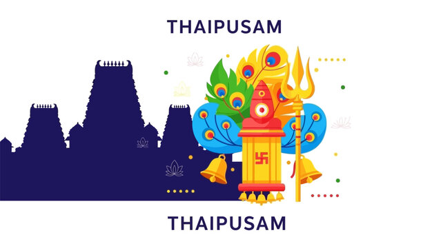 Vibrant Thaipusam illustration features a golden kavadis decorated with colorful peacock feathers and trident, set against a temple backdrop.
