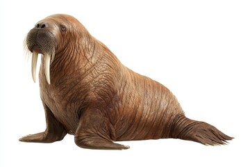 Realistic walrus with prominent tusks resting on rocky shore under clear blue sky
