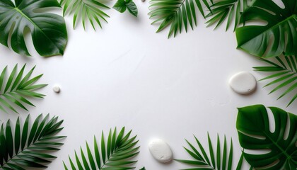 Tropical leaf arrangement with white stones on a plain background for wellness and mental health concepts.