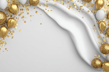 Bright celebration banner featuring elegant gold confetti and balloons for a festive occasion