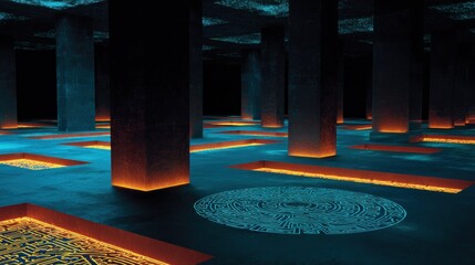 Abstract architectural interior with geometric patterns and ambient lighting