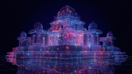 Abstract digital temple illustration with vibrant neon lights and dark background
