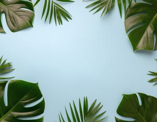 Tropical leaves arranged on a light blue background for a mental health concept with a calming mood.