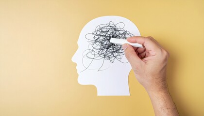 A hand draws tangled lines in a white silhouette of a human head on a yellow background, symbolizing mental health struggles.