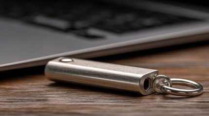 Close-up of a silver rectangular data storage device with a metal ring, resting on a wooden surface with a partially visible computer