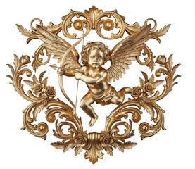 Golden Winged Cupid with Bow and Arrow within an Ornate Baroque Ornamental Frame on Black Background