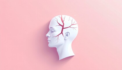 A white human head with a pink brain and blood vessels on a pink background, conveying a concept of mental health.