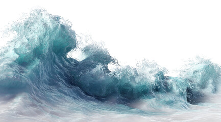 Dynamic Ocean Wave Breaking with Splashing Water and Foam Against a Clean White Background, Illustrating Raw Power and Movement of the Sea.