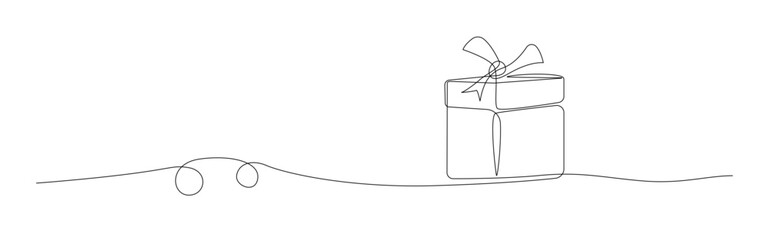 Single line drawing of a gift icon with ribbon vector illustration design