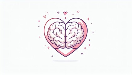 Illustration of a brain inside a pink heart with small hearts and stars on a white background, symbolizing mental health and wellness.