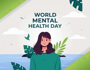 Illustration of a woman celebrating World Mental Health Day with green leaves and a serene background