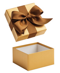Elegant Golden Gift Box with Brown Ribbon Bow, Lid Floating Open, Isolated on White Background, Symbolizing Surprise and Celebration