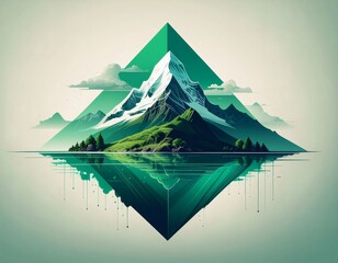 Illustration of a serene mountain landscape with a reflective lake and green hues conveying a sense of mental health and calmness in a natural setting.