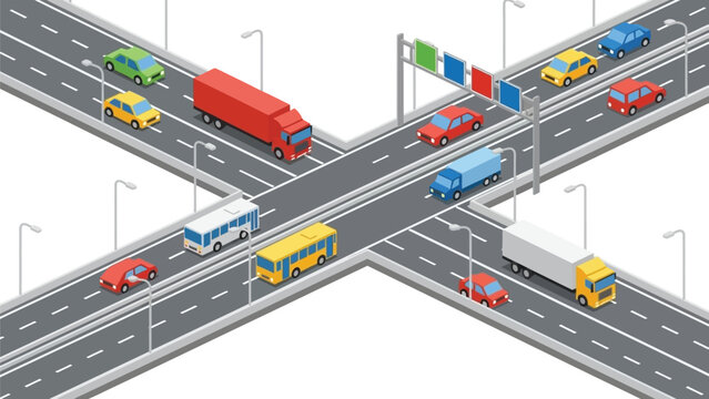 Isometric view of a complex highway interchange with various vehicles