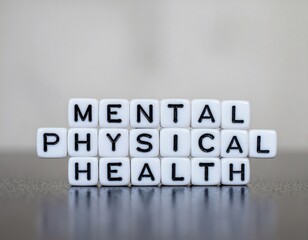 Close-up shot of letter blocks spelling out 'MENTAL PHYSICAL HEALTH' on a reflective surface against a blurred background with a neutral color palette.