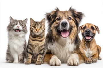 Fototapeta premium Playful pets enjoying a cheerful moment together with one happy cat and three joyful dogs relaxing side by side in a bright setting