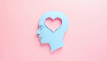 A light blue silhouette of a human head with a heart-shaped cutout in the brain area against a soft pink background conveying mental health and wellness concepts.