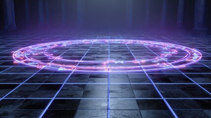 Abstract illustration of a glowing energy circle with grid floor and pillars