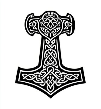 Detailed black and white illustration of Thor&rsquo;s hammer Mj&ouml;lnir in Norse style, featuring intricate Viking knotwork and symbolic ornamentation. Ideal for tattoos, logos, or apparel designs.