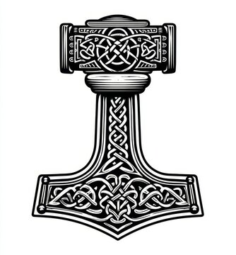 Detailed black and white illustration of Thor&rsquo;s hammer Mj&ouml;lnir in Norse style, featuring intricate Viking knotwork and symbolic ornamentation. Ideal for tattoos, logos, or apparel designs.