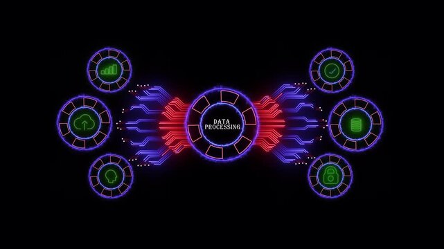 Glowing neon-style tech interface on a dark background. pink circular element labeled DATA PROCESSING. Digital animation glowing blue and red circuit lines, technology, data flow animation.