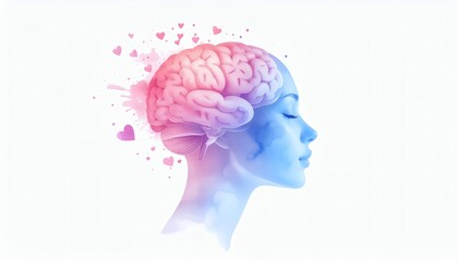 Illustration of a woman's head with a brain visible, surrounded by hearts and colorful splashes on a white background, representing mental health.