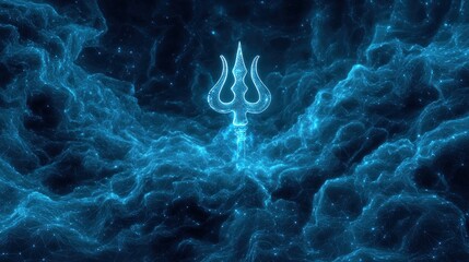 Abstract illustration of a trident symbol glowing in ethereal blue background
