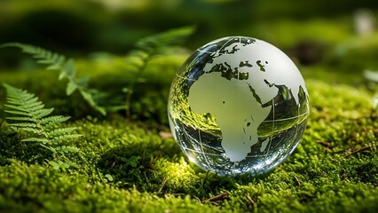 Glass Earth globe on moss with green fern leaves, symbolizing environmental protection and nature.