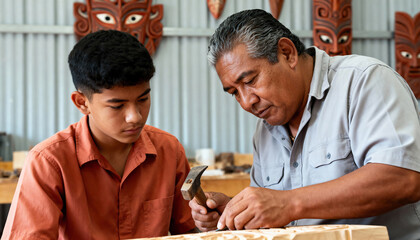 Maori man teaching a boy traditional wood carving in a workshop. Master craftsman guiding an apprentice with a hammer and chisel. Cultural heritage and intergenerational skill transfer
