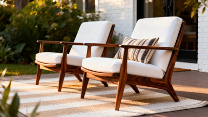 Fototapeta premium Outdoor patio with mid‑century chairs wooden frames and white cushions on striped rug surrounded by lush green backdrop