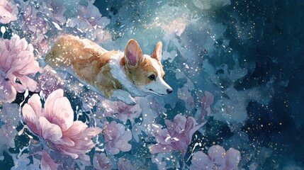 Corgi dog floating in a fantasy world with beautiful flowers watercolor