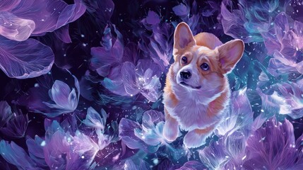 Corgi dog amidst purple floral fantasy artwork decorative design
