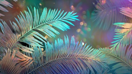 Abstract tropical leaves illustration with bright colors and bokeh background