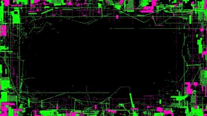 Abstract Glitch Art Frame with Neon Green and Magenta Digital Distortion on Black Background.