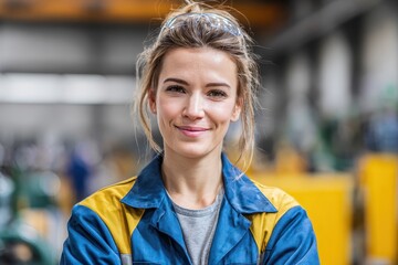 Portrait of a female factory employee smiling confidently in a manufacturing facility, showcasing her dedication and professionalism in a dynamic work environment
