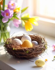 Obraz premium Easter Nest with Colorful Eggs and Flowers on a Sunny Window Sill.