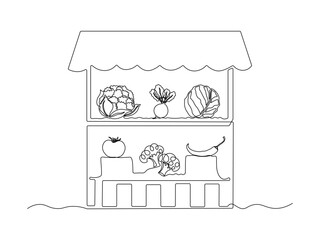 Abstract market shelf, counter with vegetables, cabbage,beetroot,cauliflower,broccoli,chili pepper,tomato, continuous single one line art hand drawing sketch logo on white background